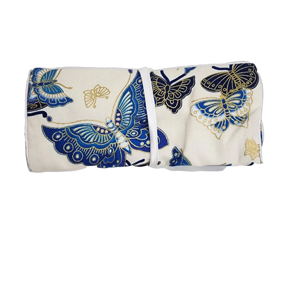 Travel Jewelry Organizer Roll Blue Butterfly Fold Up Case 3 Zip Compartments